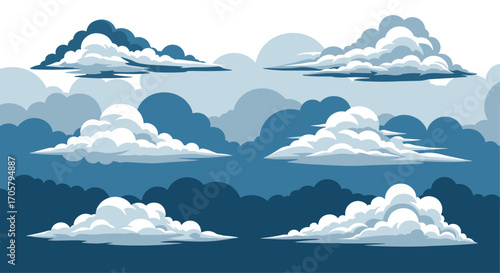 Pixel art clouds and atmospheric layers in a moody blue color palette.