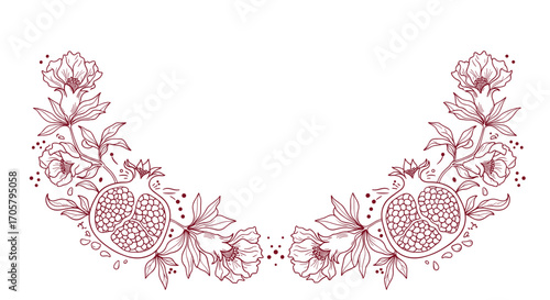 A delicate floral border with pomegranates and leaves in a symmetrical arc.