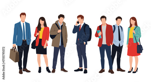 Diverse group of young people in casual and formal attire on a white background.