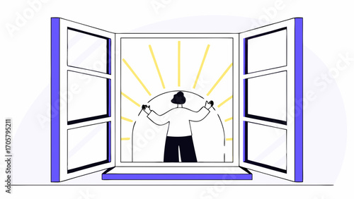 An illustration of a person opening a window to sunlight, a powerful metaphor for mental health, hope, and new opportunities