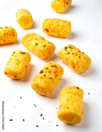 Crispy, yellow snacks scattered on white