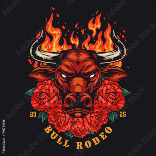 Bull rodeo event featuring flames and roses