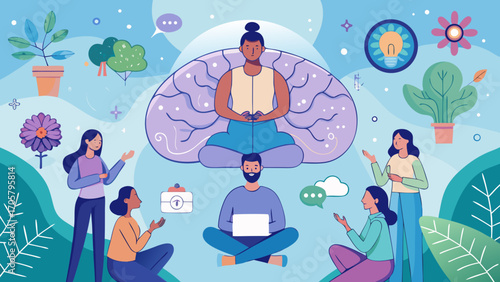 Holistic approach to Mental Health featuring mindfulness, community support, and emotional well-being concepts