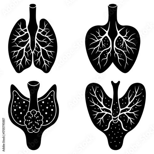 Illustration of four anatomical lung diagrams with branching structures in a black and white color scheme