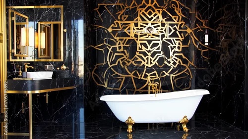 Luxurious black and gold bathroom with elaborate design