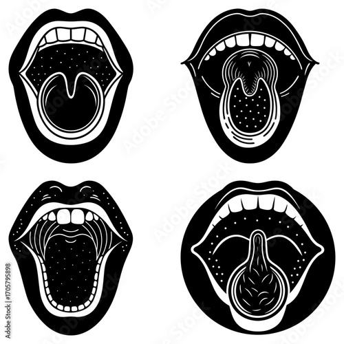 A set of four graphic illustrations of open mouths showing teeth and throat anatomy in black and white
