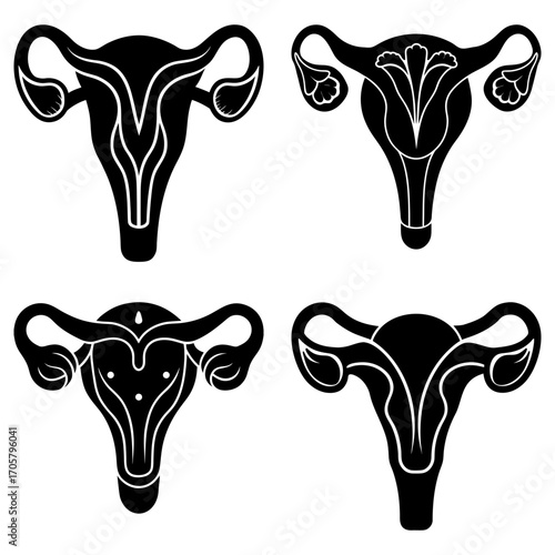 Four uterus illustrations with varying decorative designs in black and white vector format art
