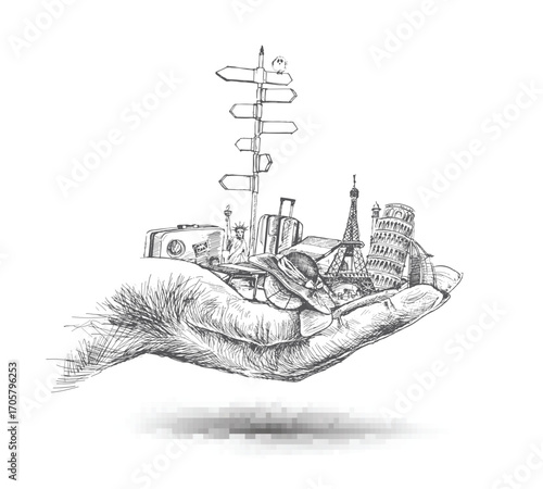 Hand with Travel the world hand monuments concept, Hand Drawn Sketch Vector illustration.
