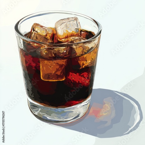 A digital illustration of a glass filled with a dark liquid and ice cubes, casting a shadow on a white surface. Stylized rendering