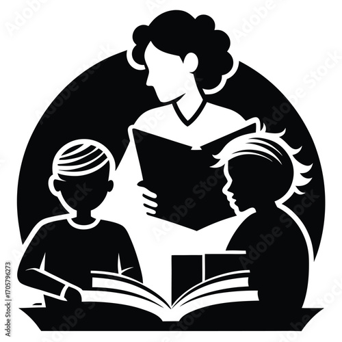 Reading Time A Woman and Two Children Enjoying a Book Together