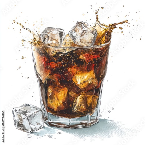 Refreshing cola splash A glass of cola with ice cubes creating a dynamic splash, illustrated in a realistic, watercolor style on a white background