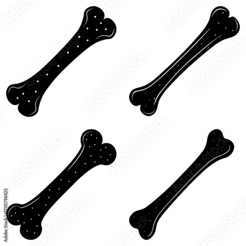 Illustration of four black and white dog bone icons with varying designs and orientations on a white background