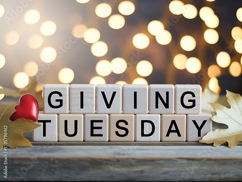 Giving tuesday spelled out with letter tiles and festive bokeh lights