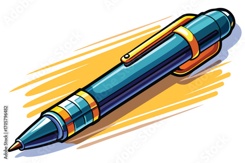 Stylized Blue and Gold Pen with Dynamic Background Design