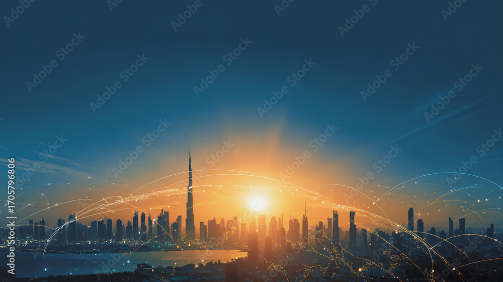Fototapeta premium Sunshine in the Smart digital Innovation city with connection network reciprocity over the cityscape. of future smart wireless digital city and social media networking systems that connects people