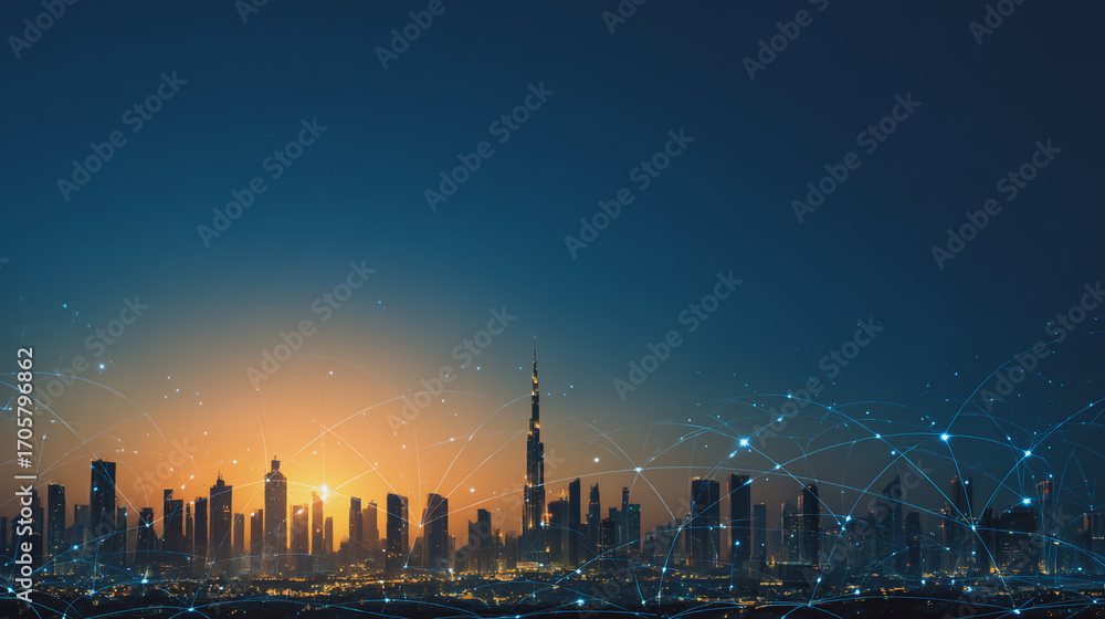 Naklejka premium Sunshine in the Smart digital Innovation city with connection network reciprocity over the cityscape. of future smart wireless digital city and social media networking systems that connects people