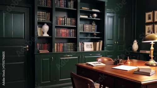 Dark green study with built-in bookshelves and wooden table
