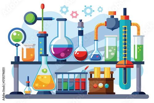 Colorful Chemistry Lab Equipment Illustration Depicting Scientific Research and Experimentation