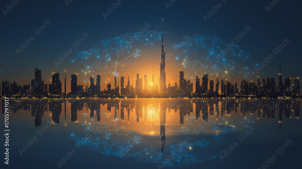 Fototapeta premium Sunshine in the Smart digital Innovation city with connection network reciprocity over the cityscape. of future smart wireless digital city and social media networking systems that connects people