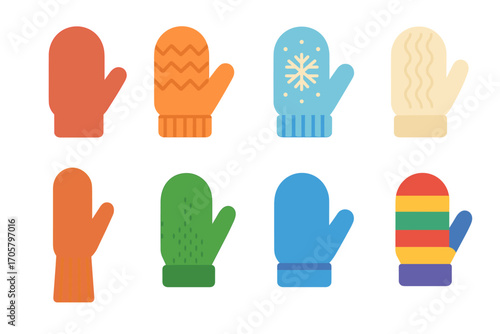 Winter accessories flat icon set. featuring mittens in various colors, patterns, and styles