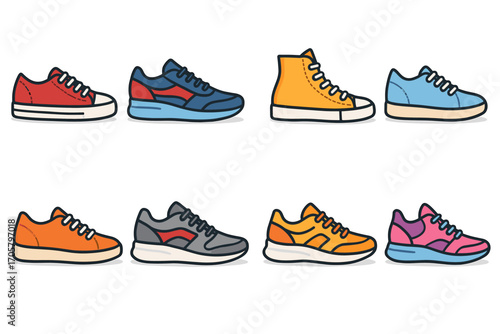 Footwear flat icon set. featuring sneakers, trainers, boots, athletic, casual, classic, colorful