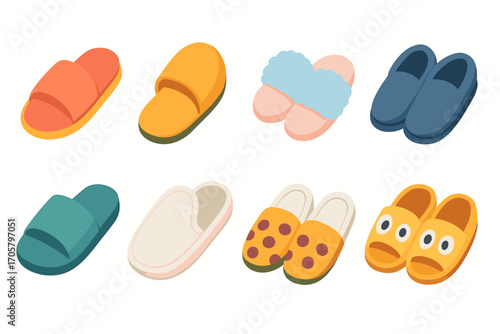 Slippers flat icon set. featuring cozy, fluffy, spa, indoor, novelty, and textile slipper designs