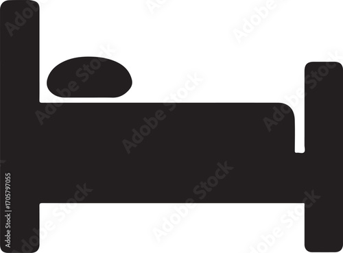 Bed silhouette icon representing sleep, rest, bedroom, relaxation, and cozy home furniture.