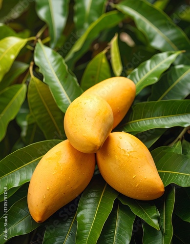 Ripe mangoes on a leafy tree branch