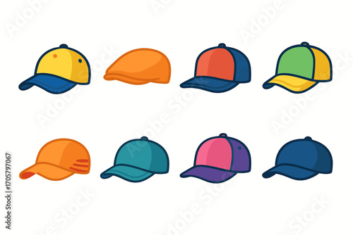 Fashion accessories flat icons set. featuring baseball cap, beret, mesh cap, snapback, and trucker hat designs