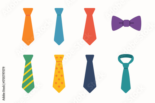 Formal wear flat icon set. featuring necktie, bowtie, striped tie, diamond tie, orange tie