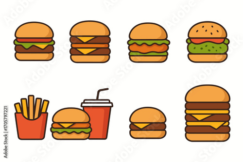 Food flat icon set. featuring burger, fries, drink, cheeseburger, and sandwich symbols