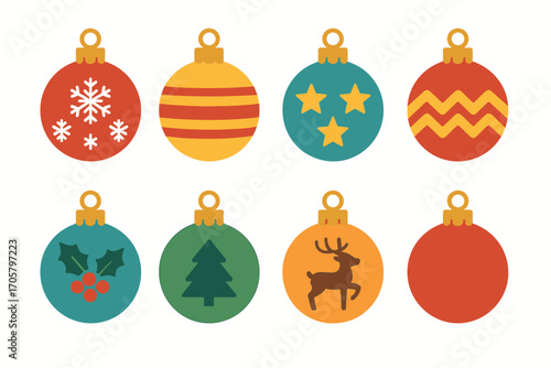 Christmas decorations flat icon set. featuring snowflake, striped, stars, zigzag, holly, tree, deer, plain ornaments