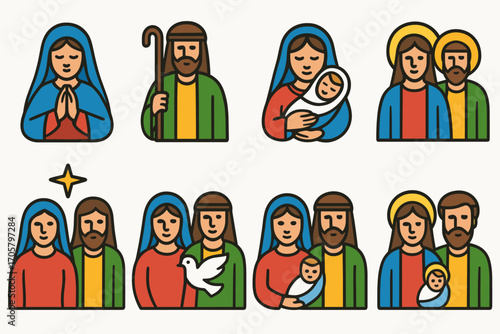 Nativity scene flat icons set. featuring mary, joseph, baby jesus, holy family, and dove symbols