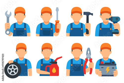 Automotive worker flat icon set. featuring wrench, screwdriver, hammer, drill, tire, oil can, pliers, battery
