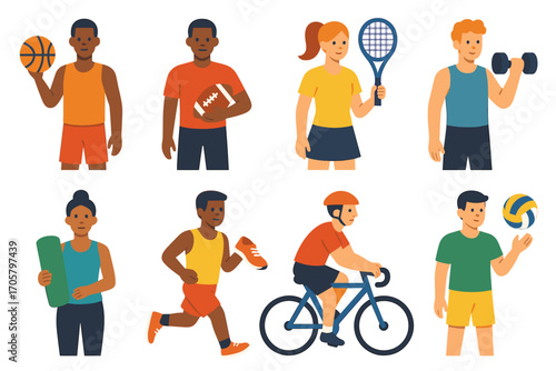 Sports activities flat icon set. featuring basketball, football, tennis, gym, yoga, running, cycling, and volleyball symbols