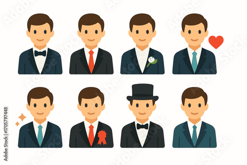 Wedding flat icon set. featuring groom, tuxedo, boutonniere, top hat, bow tie, suit, heart, sparkle, ribbon