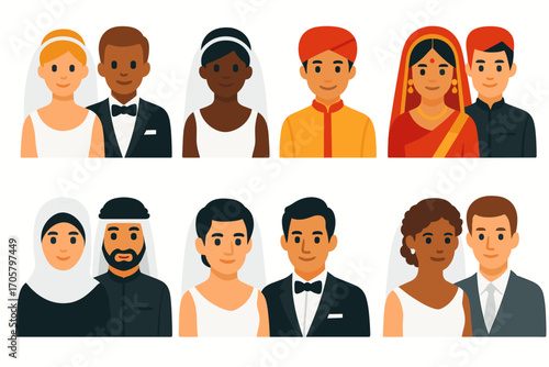 Wedding couples flat icon set. featuring diverse wedding attire: western, indian, muslim, traditional, multicultural