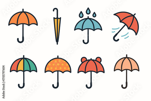 Umbrella flat icon set. featuring classic, folded, raindrops, wind-resistant, colorful, polka dot, novelty, and vintage designs