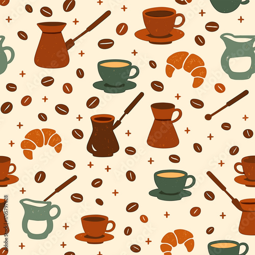 Coffee and bakery flat icon set. featuring cups, cezve, croissant, kettle, and beans
