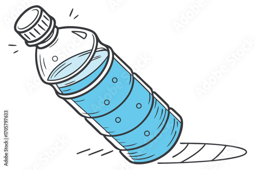 Cartoon Style Water Bottle Illustration with Light Blue Liquid and Detailed Shadow