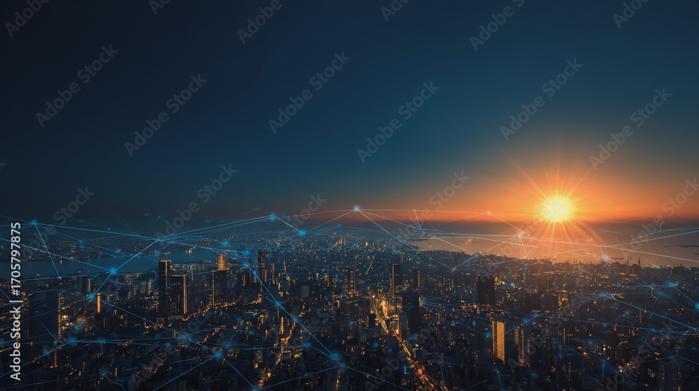 Obraz premium Sunshine in the Smart digital Innovation city with connection network reciprocity over the cityscape. of future smart wireless digital city and social media networking systems that connects