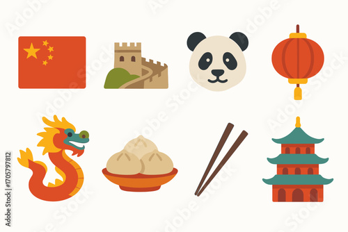 Chinese culture flat icon set. featuring flag, great wall, panda, lantern, dragon, dumplings, chopsticks, pagoda