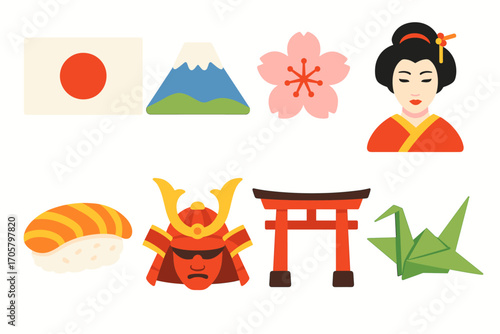 Japanese culture flat icon set. featuring flag, mountain, blossom, geisha, sushi, samurai, gate, crane