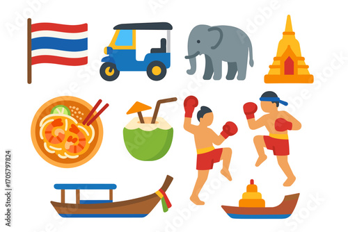 Thailand culture flat icon set. featuring flag, tuk-tuk, elephant, temple, food, boat, and muay thai