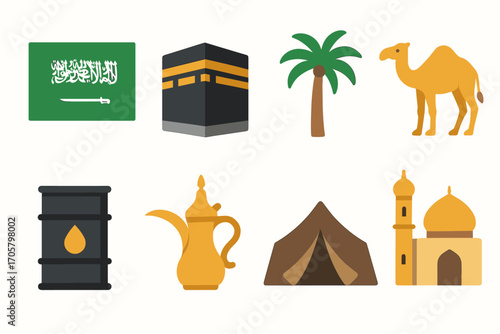 Middle eastern culture flat icon set. featuring saudi flag, kaaba, palm tree, camel, oil barrel, teapot, tent, mosque symbols