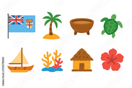 Fijian culture flat icon set. featuring flag, palm, kava bowl, turtle, boat, coral, bure, and hibiscus symbols