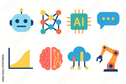 Technology flat icon set. featuring robot, neural network, ai, chat, graph, brain, cloud, and robotic arm symbols