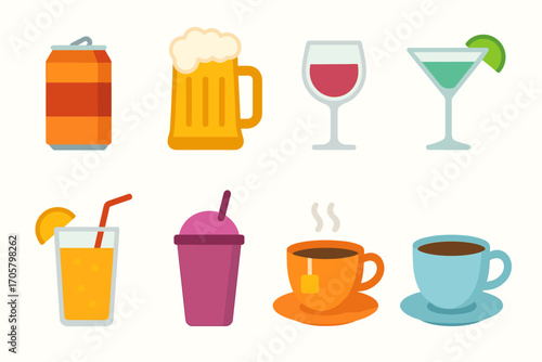 Beverage flat icon set. featuring soda, beer, wine, cocktail, juice, smoothie, tea, and coffee symbols