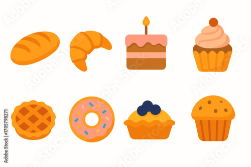 Bakery flat icon set. featuring bread, croissant, cake, cupcake, pie, donut, tart, muffin