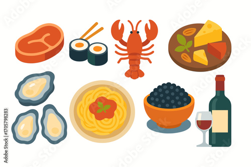 Gourmet food flat icon set. featuring steak, sushi, lobster, cheese platter, oysters, pasta, caviar, and wine icons